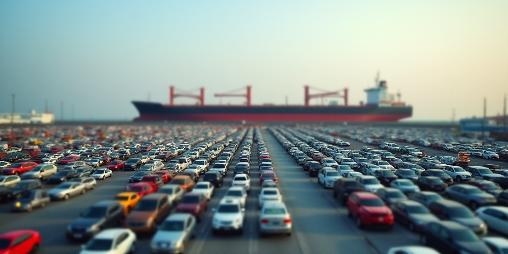 a large cargo ship is in the background of a large parking lot with many cars parked in it and a car