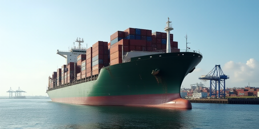 a large cargo ship with containers stacked on top of it's sides in the ocean near a dock, Andries St