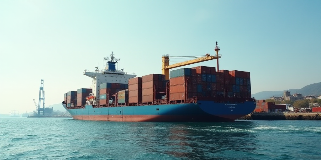 a large cargo ship with containers stacked on top of it's sides in the ocean near a dock, Andries St