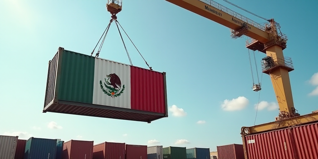 a large container with a mexican flag on it hanging from a crane in the sky above a group of shippin