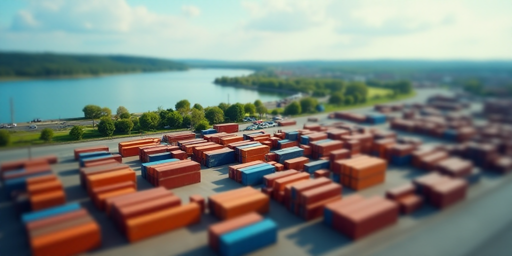a large container yard with a lot of containers in it and a large body of water in the background, E