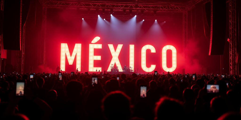 a large crowd of people are taking pictures of a mexico sign on a stage with their cell phones in th