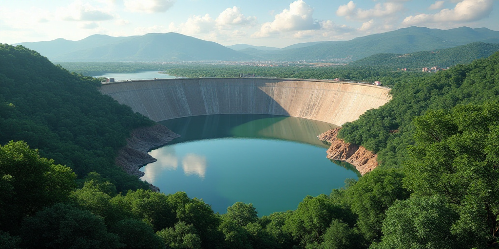 a large dam with a large body of water in the middle of it and a few trees around it, Carpoforo Tenc