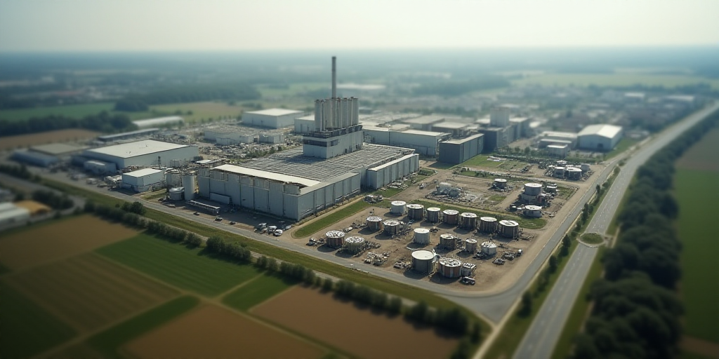 a large factory with a lot of tanks in the middle of it's yard and a road running through it, Enguer