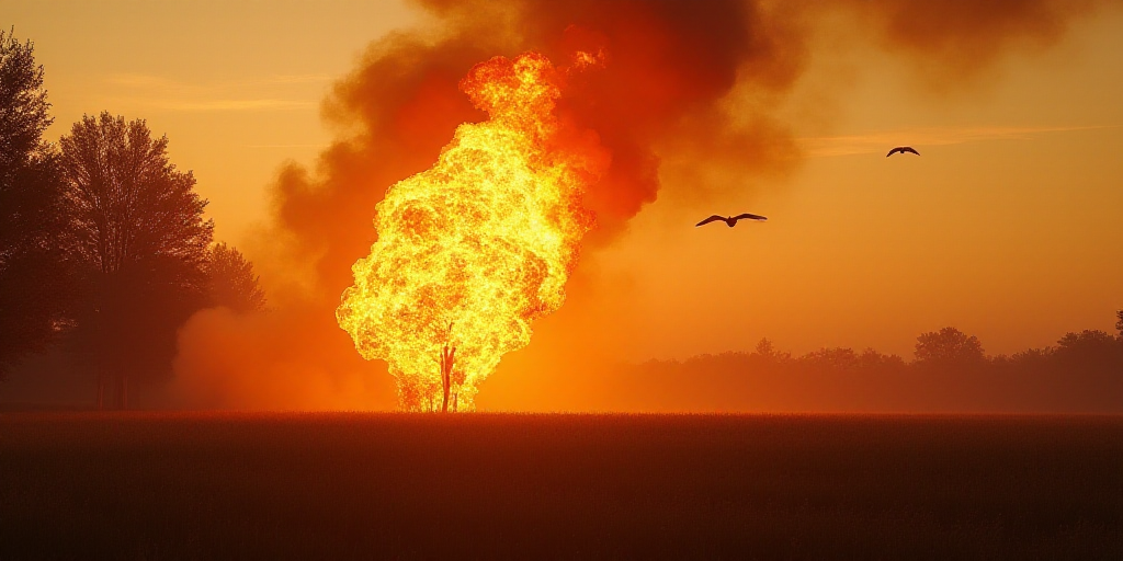 a large fire is burning in the air near a field and trees in the background with a bird flying overh