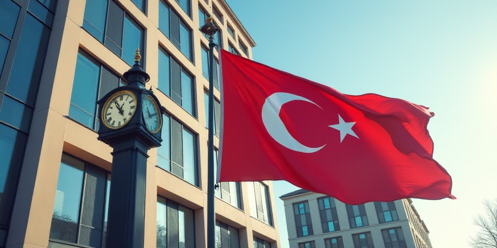 a large flag flying in front of a tall building with windows in the background and a clock tower in