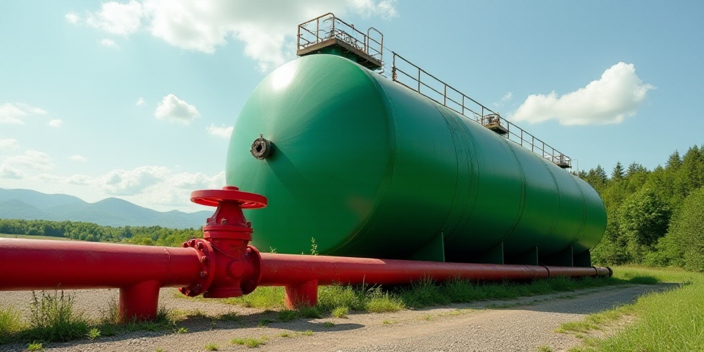 a large green tank with a red valve in front of it and a red pipe in front of it, Ceferí Olivé, oi
