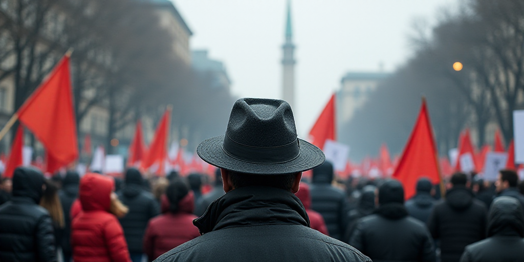 a large group of people holding signs and protesting in a protest rally in a city street with a man