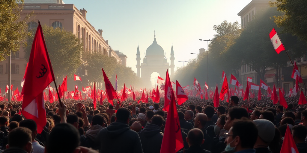 a large group of people holding flags and signs in a street with buildings in the background and a s