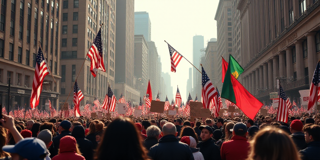 a large group of people holding signs and flags in the street with buildings in the background and a