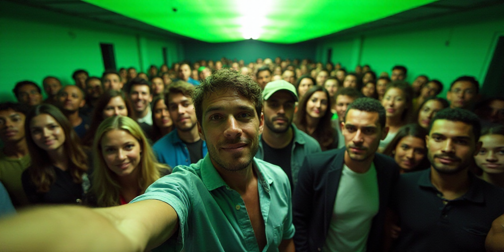 a large group of people standing together in a room with a green ceiling and a green awning over the