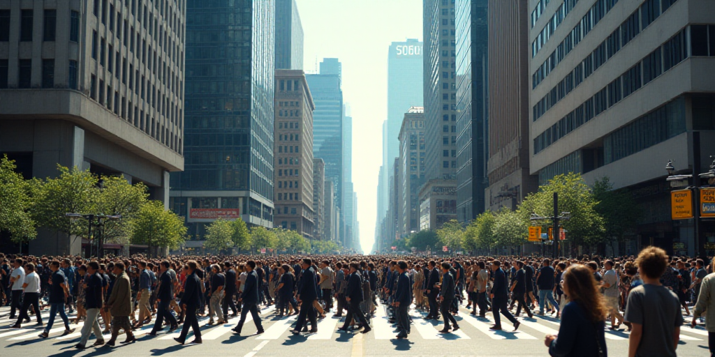 a large group of people walking across a street in a city with tall buildings and tall buildings in