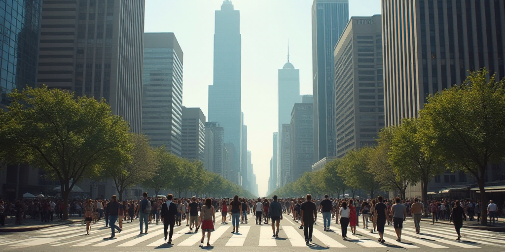 a large group of people walking across a street in a city with tall buildings and tall buildings in