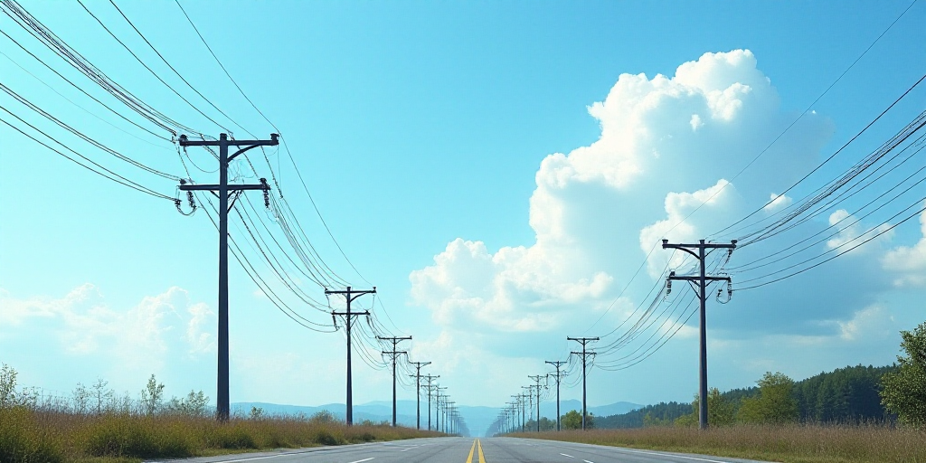 a large group of power lines and poles against a blue sky with a few clouds in the background and a