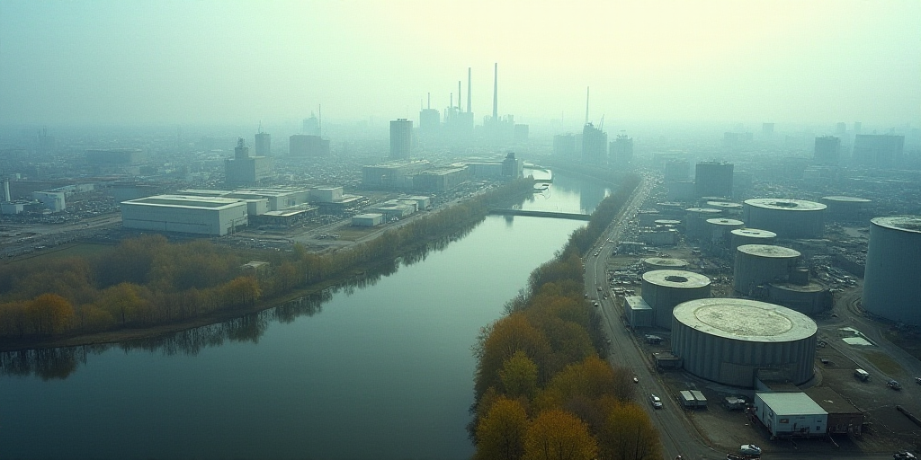 a large industrial area with a river running through it and a large industrial area in the backgroun