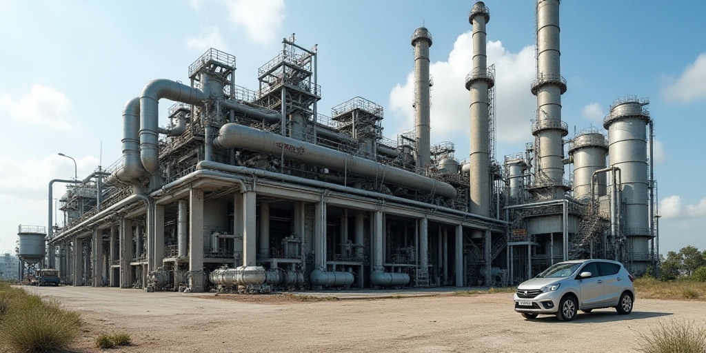 a large industrial plant with a lot of pipes and pipes on it's side and a car parked in front of it,