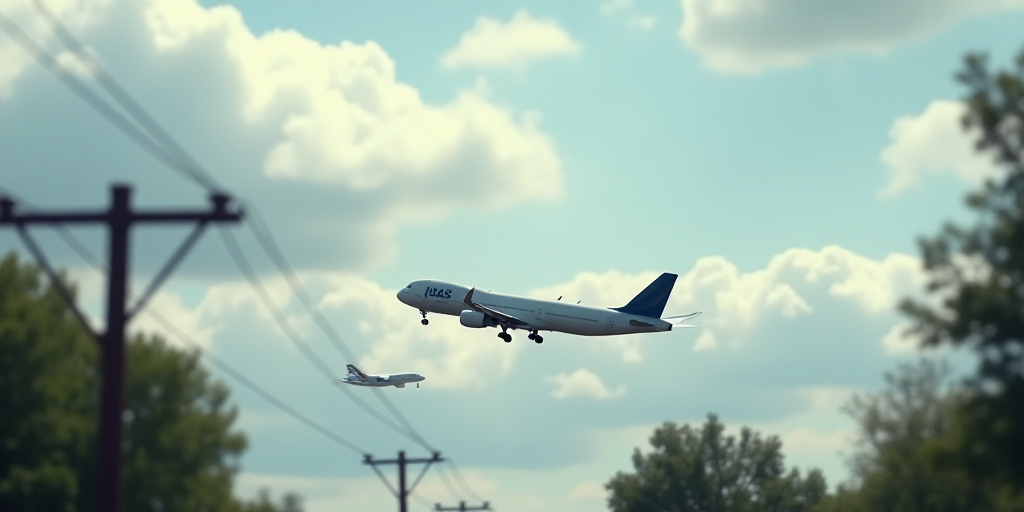 a large jetliner flying through a cloudy sky above power lines and trees in the foreground, with a p
