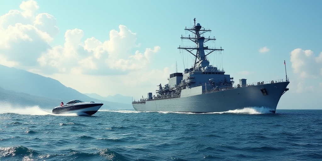 a large navy ship sailing across the ocean with a jet boat in the background on the water near the s