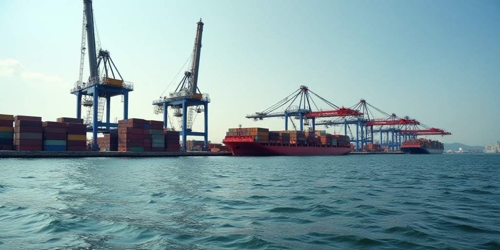 a large number of containers in a harbor with cranes in the background and a body of water in the fo