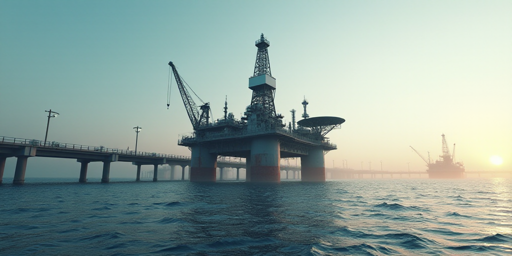 a large oil rig sitting on top of a large body of water next to a bridge over water with lots of cra