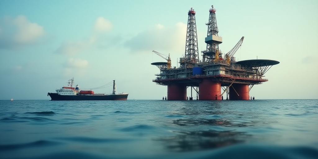 a large oil rig sitting on top of a large body of water next to a boat in the ocean, Bascove, oil, a