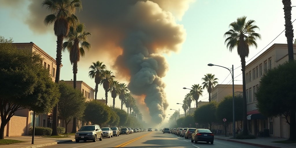 a large plume of smoke is billowing out of a building in a city street with palm trees and a few car