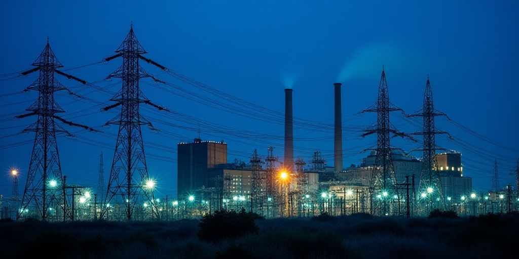 a large power plant with lots of wires and lights on it's sides at night time with a blue sky, Almad