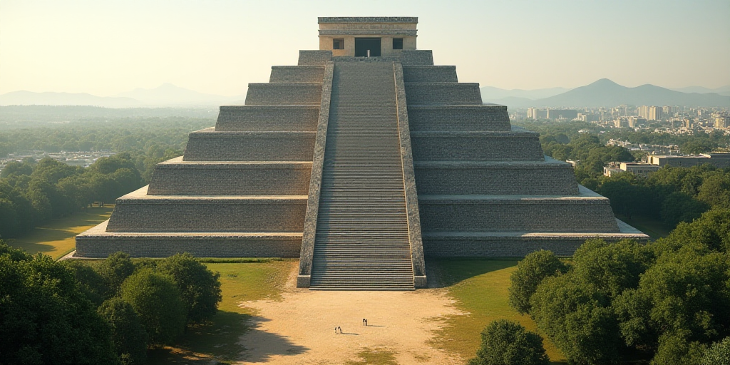 a large pyramid with many steps in the middle of it and a city in the background with trees and buil