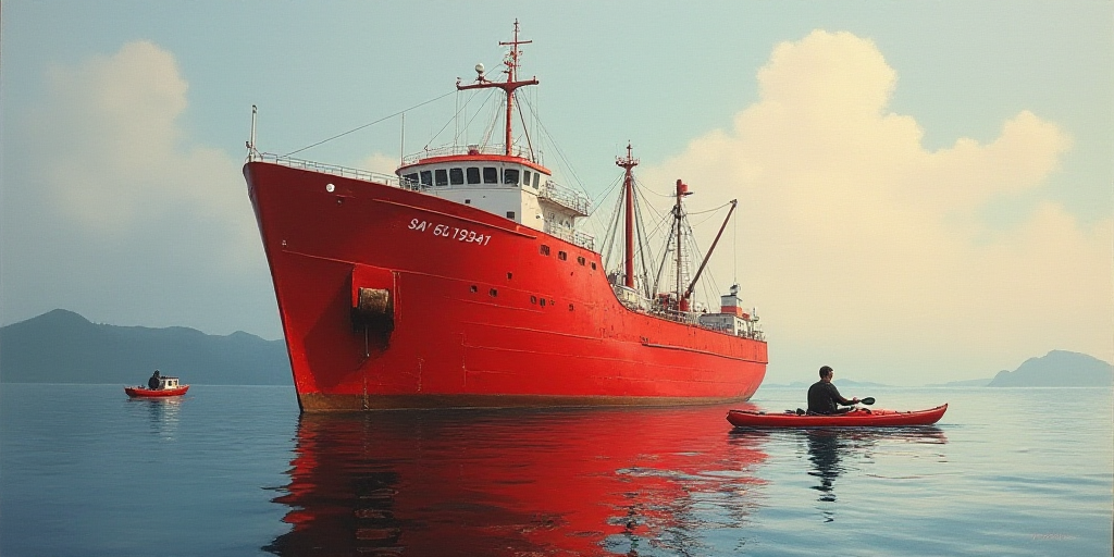 a large red ship in the water with a man in a kayak in front of it and a smaller boat in the water,