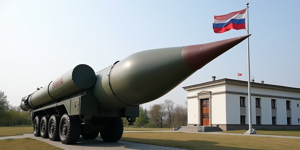 a large rocket is on display in front of a flag and a building with a flag on it and a flag on the s