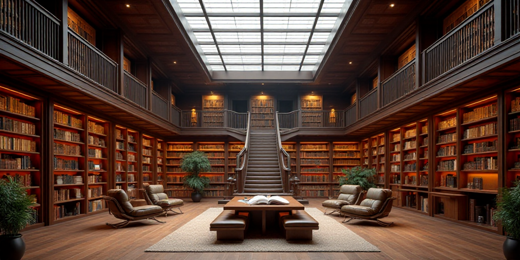 a large room filled with lots of books and a ceiling of lights above it is a library filled with boo