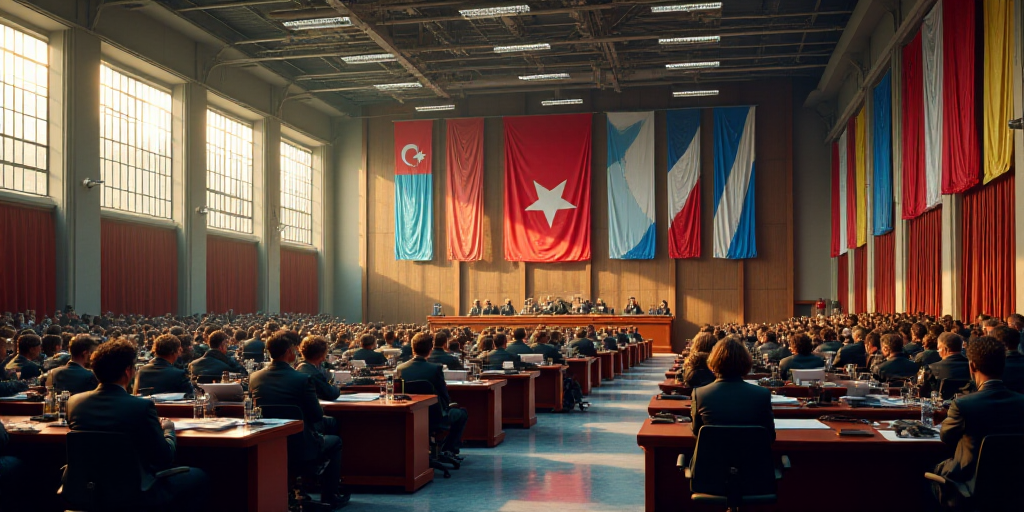 a large room filled with lots of people sitting at desks in front of flags and banners on the wall,