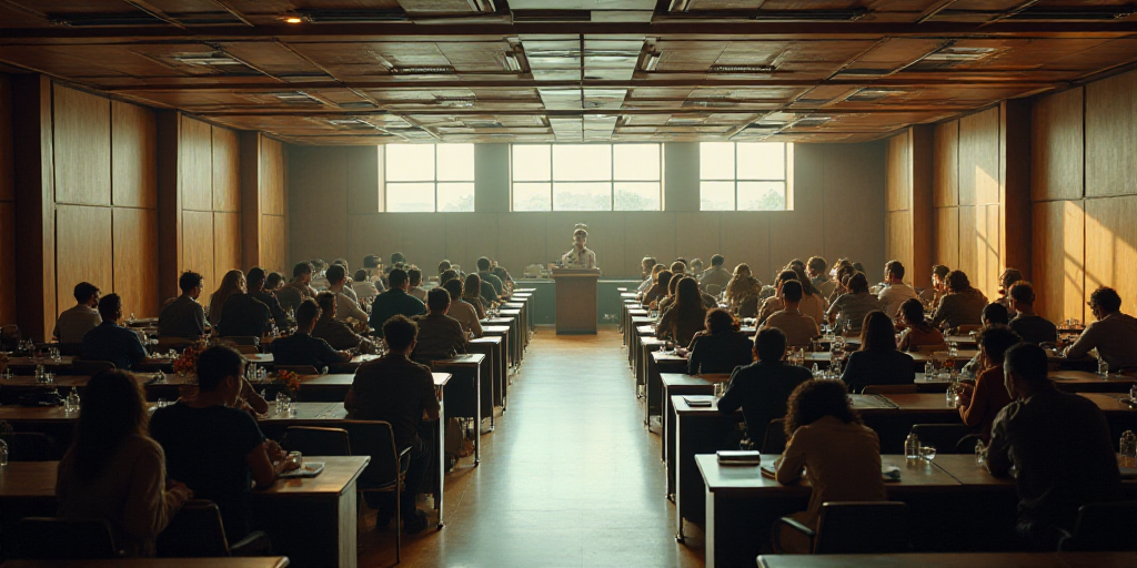 a large room filled with lots of chairs and desks with people sitting at them and standing around th