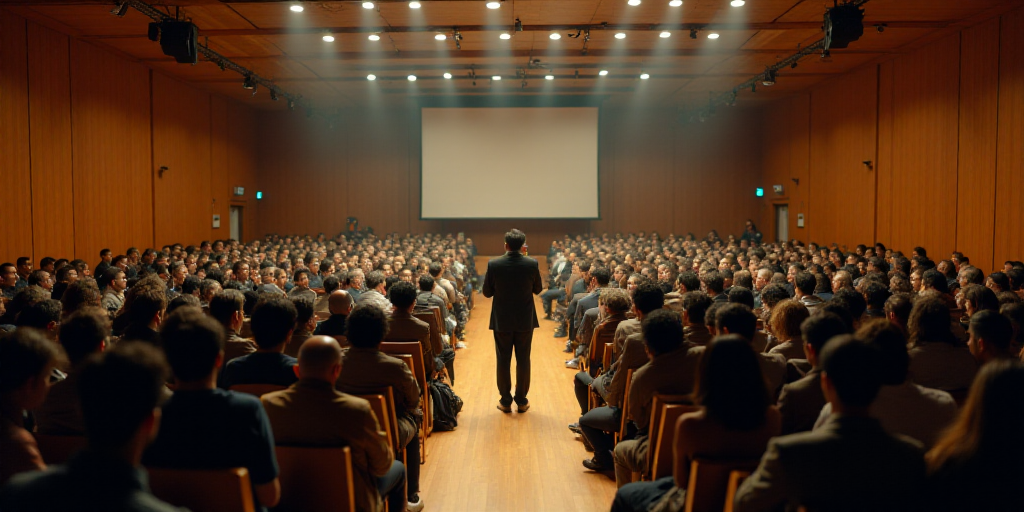 a large room filled with people sitting in chairs and a speaker standing at the front of the room wi