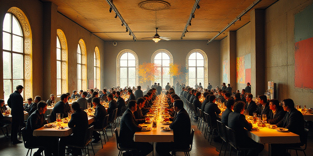 a large room filled with people sitting at tables and eating food in front of large windows with lar