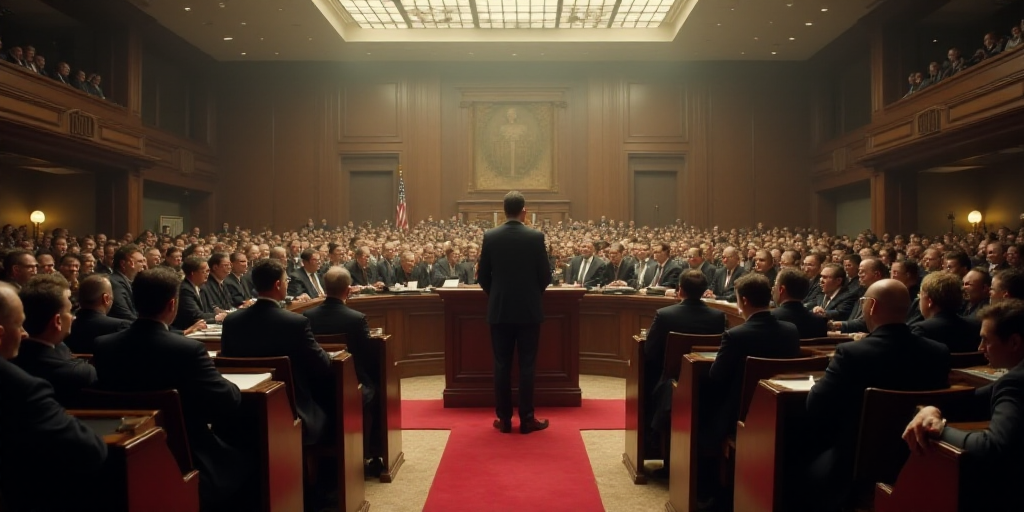 a large room filled with people and a judge in the middle of the room with a podium in the middle, E