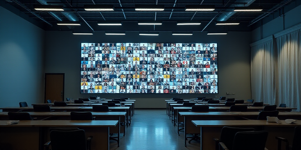 a large room with a lot of desks and a big screen on the wall above it that shows a lot of people, C