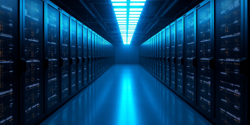 a large room with many rows of servers in it and a blue light shining on the ceiling above the room,