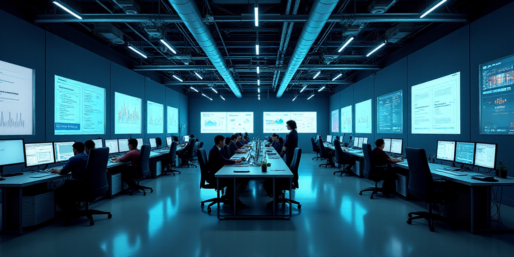 a large room with multiple monitors and tables in it's center area, with people working at tables, E