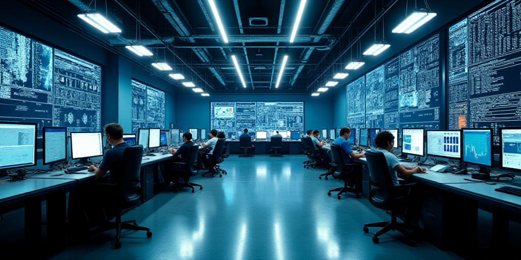 a large room with multiple monitors and tables in it's center area, with people working at tables, E