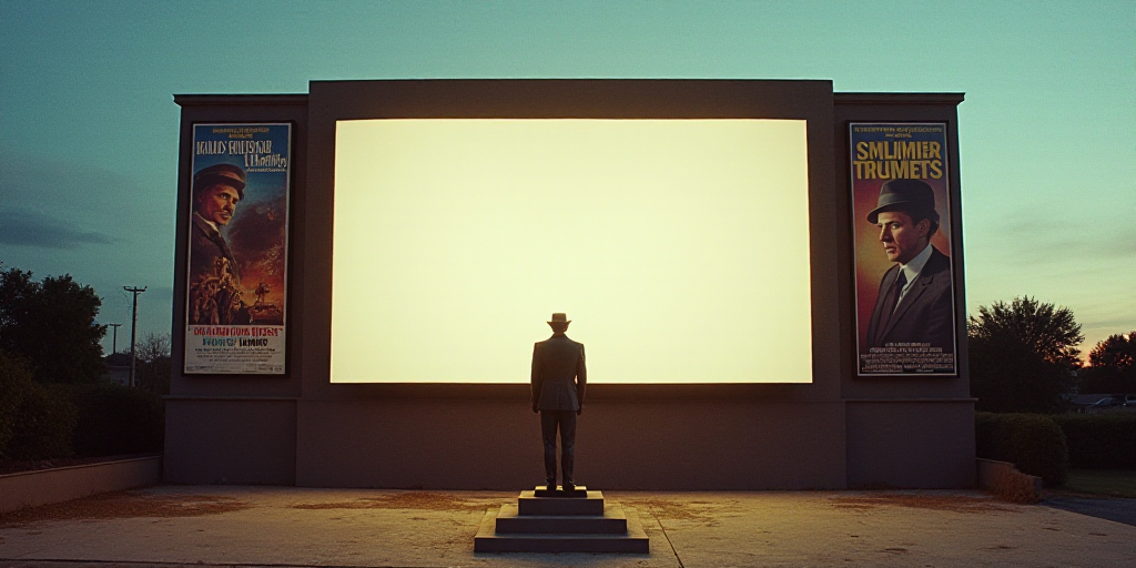 a large screen with a movie poster on it's side and a statue of a man in a hat, Everett Warner, awar