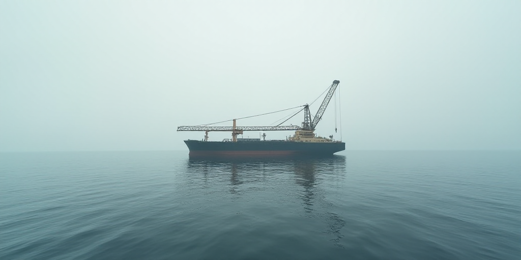 a large ship in the middle of the ocean with a crane on top of it's structure in the middle of the w