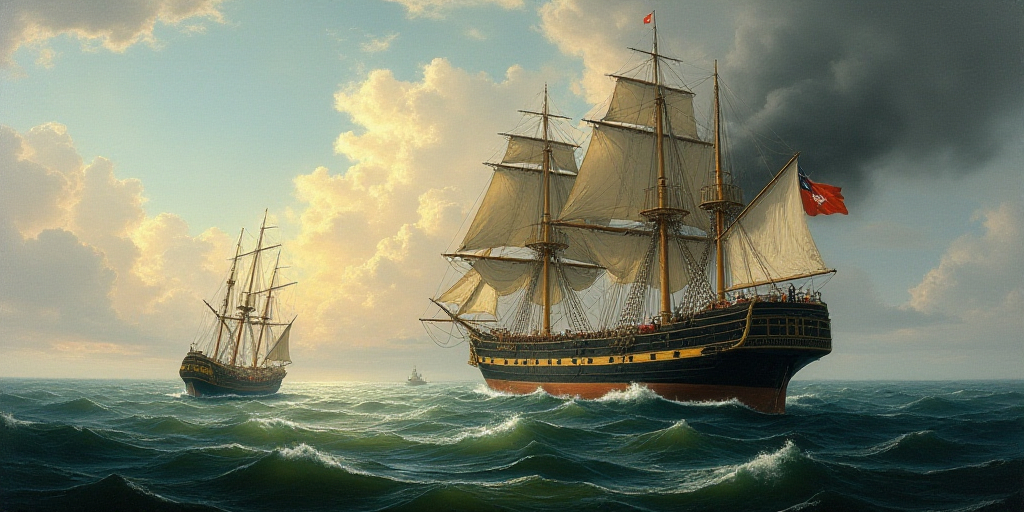 a large ship in the middle of the ocean with smoke coming out of it's side and a smaller boat in the