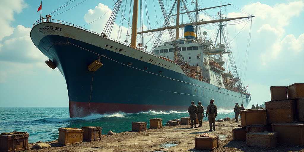 a large ship with a lot of luggage on it's deck and some soldiers standing near it and a lot of boxe