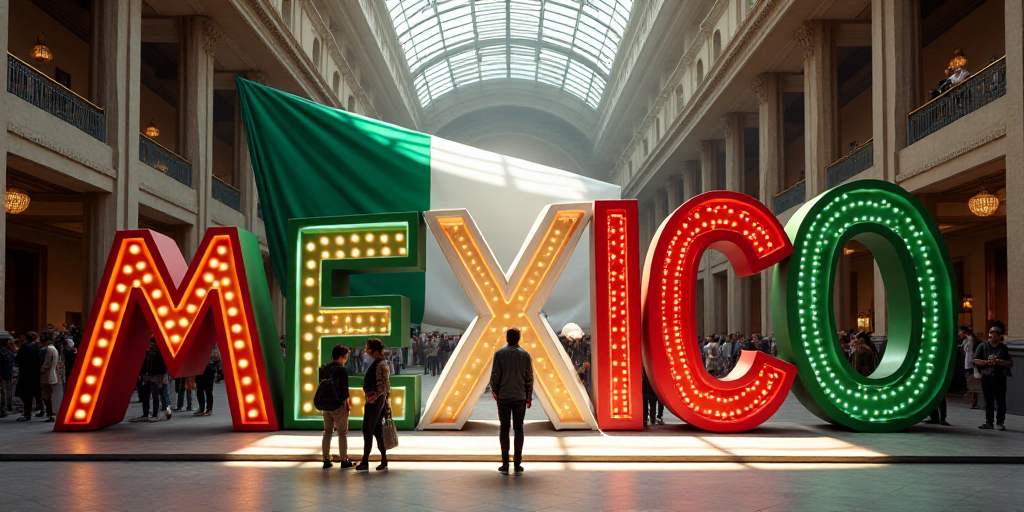 a large sign that says mexico inside of a building with people standing around it and a large sign t