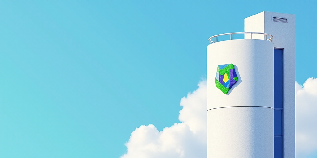 a large tower with a green and blue logo on it and a blue and white background with a green and purp