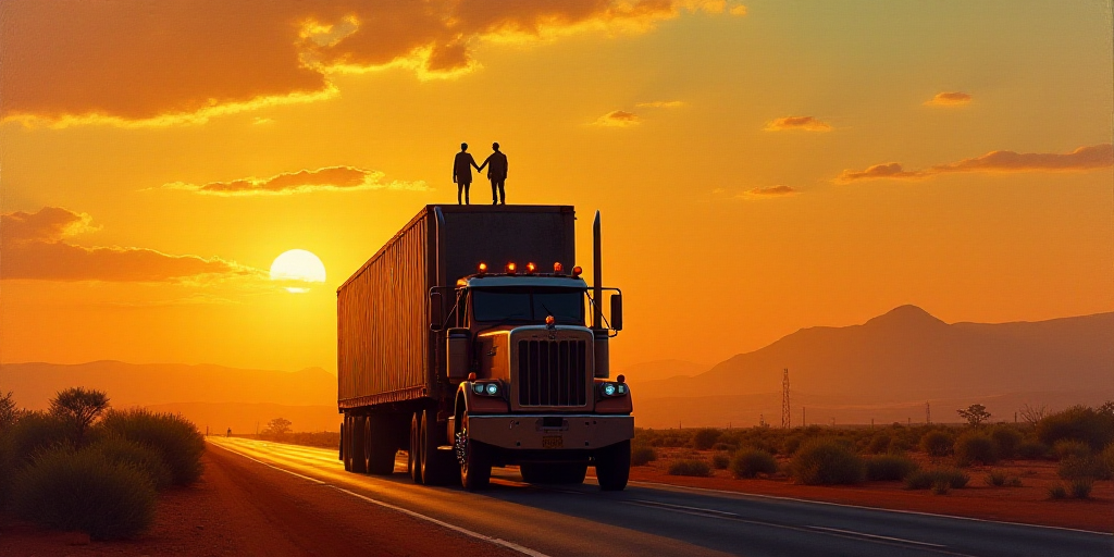 a large truck driving down a road next to a sunset with a couple of people standing on top of it, Al