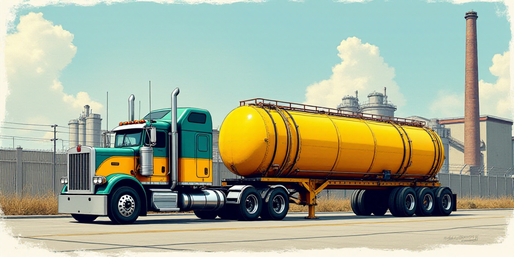 a large truck is parked in front of a factory with large yellow tanks on the side of it and a fence