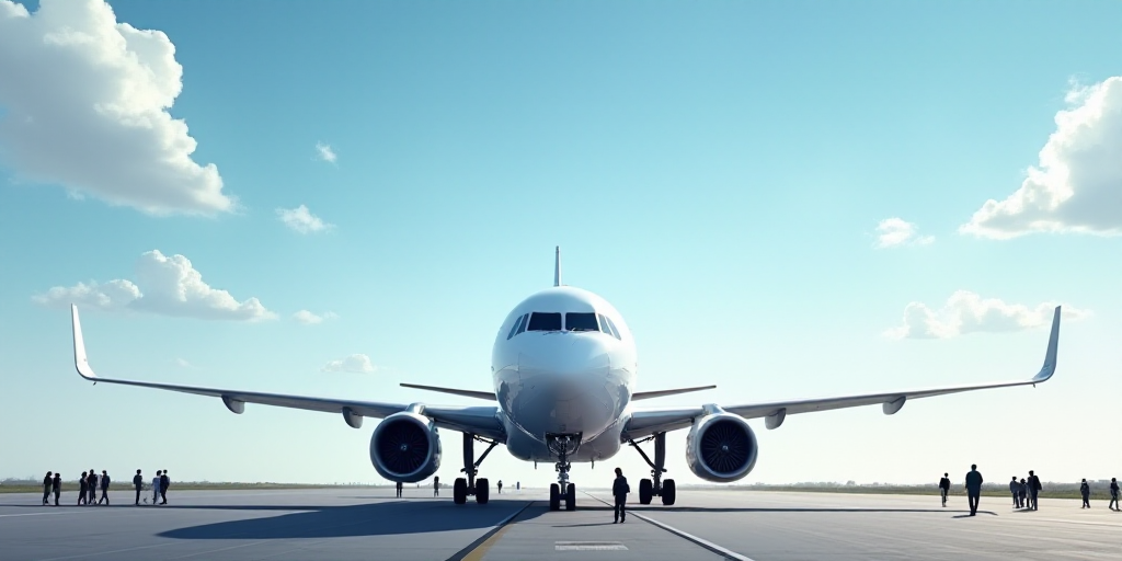 a large white airplane on a run way with people around it and a blue sky in the background with clou