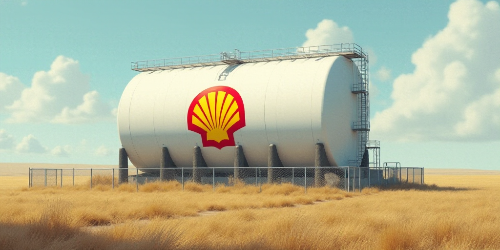 a large white tank with a red and yellow logo on it's side and a fence around it, Aquirax Uno, oil,